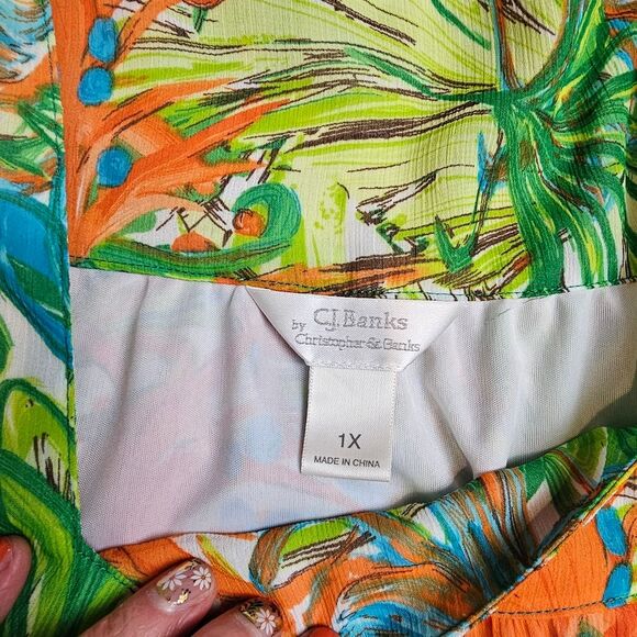 CJ BANKS Tropical Flowy Blouse Bright Happy Print Chiffon Flutter Sleeve Top 1X - Picture 5 of 8